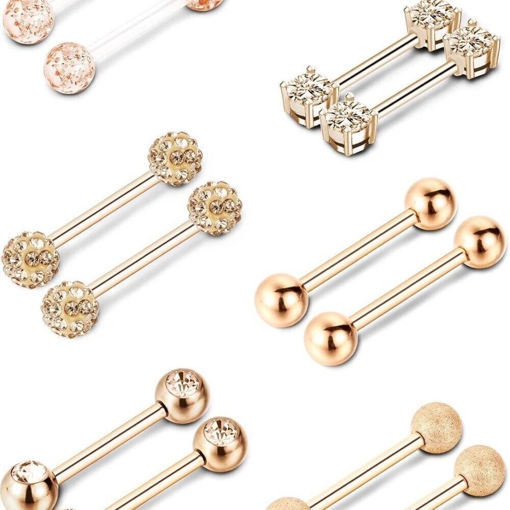 Nipple Piercing Jewelry Stainless Steel Barbell Rings 6 Pair 14G Rose Gold